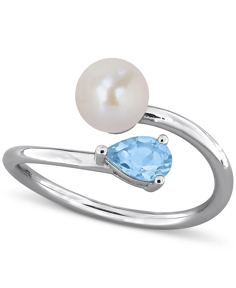Cultured Freshwater Pearl (6mm) & Blue Topaz (3/8 ct. t.w.) Bypass Ring Sterling Silver