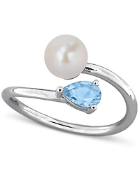 Cultured Freshwater Pearl (6mm) & Blue Topaz (3/8 ct. t.w.) Bypass Ring Sterling Silver