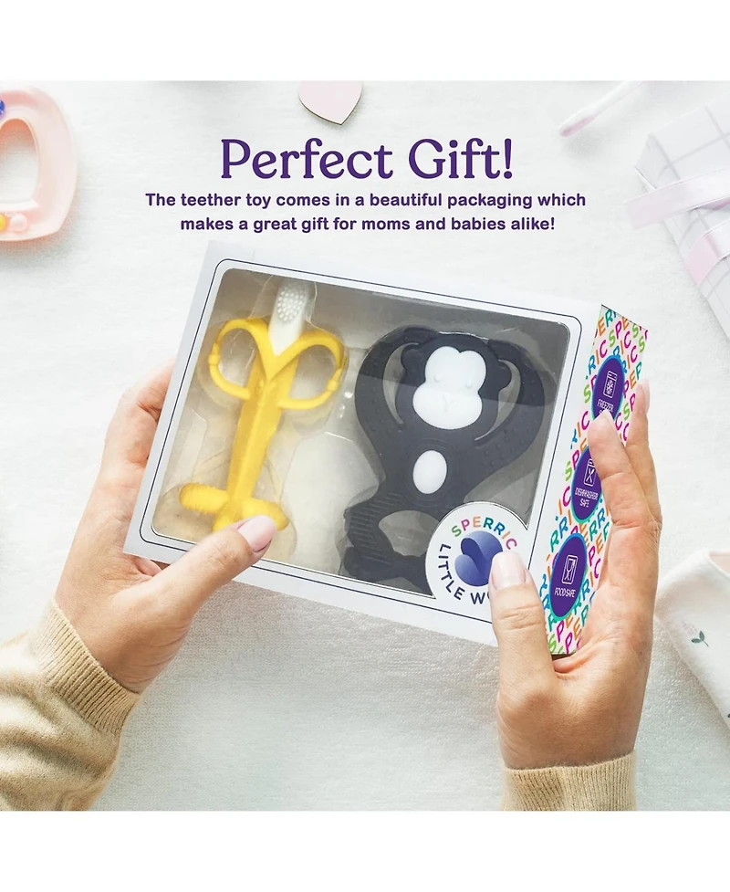 Sperric Baby Teething Toys Set - Baby Monkey Banana Teether and Toothbrush - Safe and Durable Teething Set - Teething Banana Toy for Babies