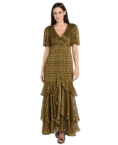 R & M Richards Women's Satin Metallic Stripe Puff-Sleeve Dress