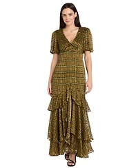R & M Richards Women's Satin Metallic Stripe Puff-Sleeve Dress