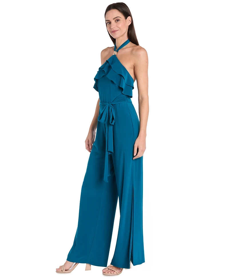 R & M Richards Women's Ruffled Halter-Neck Jersey Jumpsuit