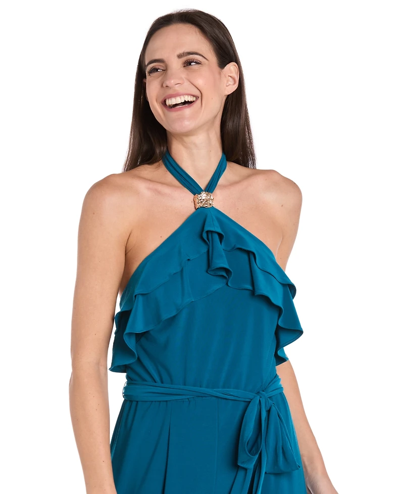 R & M Richards Women's Ruffled Halter-Neck Jersey Jumpsuit