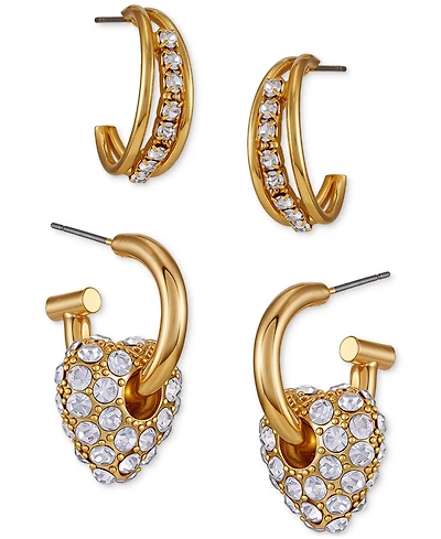Guess Gold-Tone Crystal Hoop Pave Drop Earrings, Set of 2