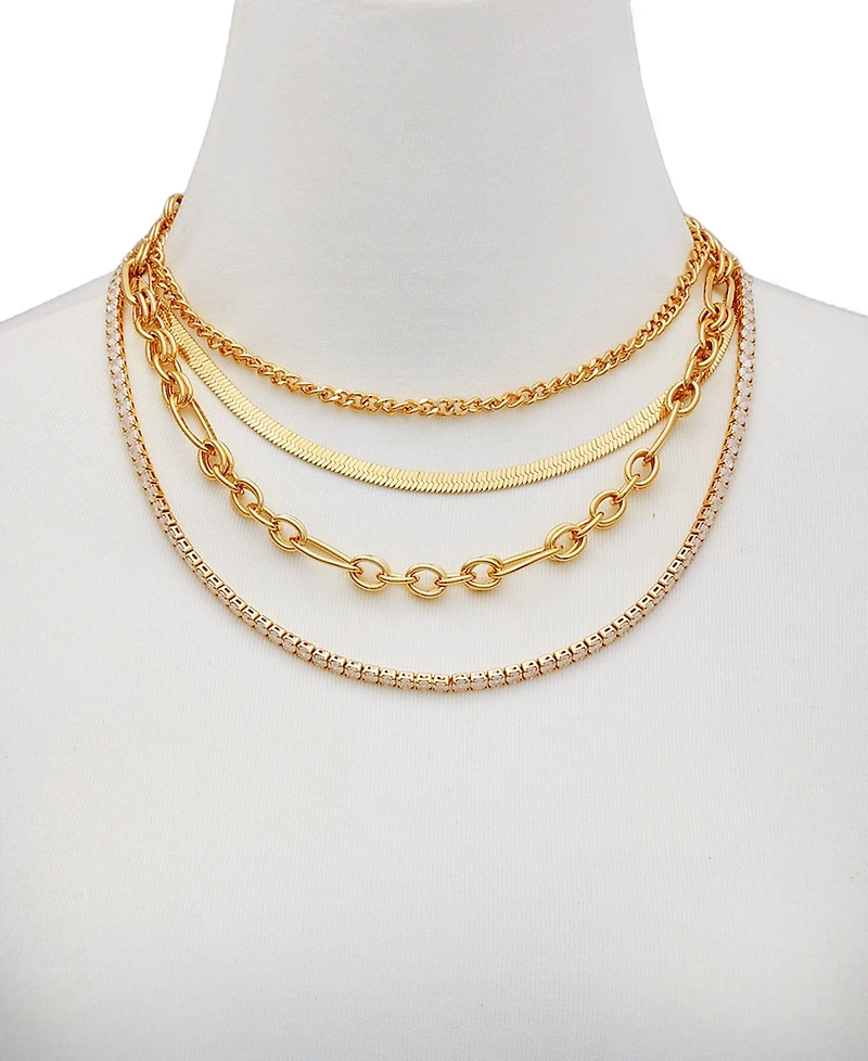 Guess Gold-Tone Layered Chain Crystal Necklace