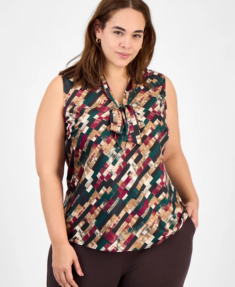 Kasper Plus Printed Tie-Neck Sleeveless Top