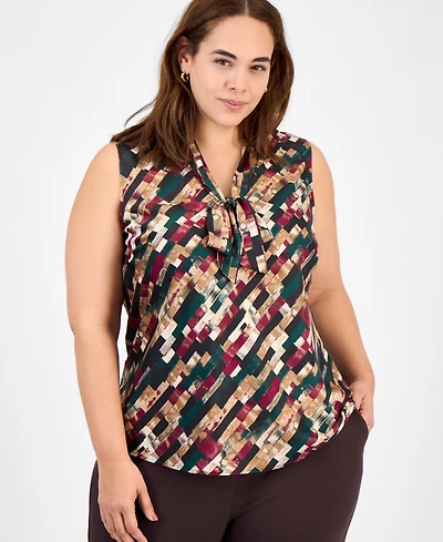 Kasper Plus Size Printed Tie-Neck Sleeveless Top