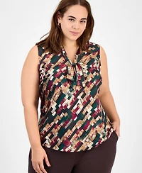 Kasper Plus Printed Tie-Neck Sleeveless Top
