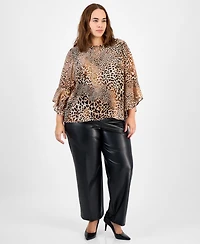 Kasper Plus Animal Print Ruffle-Sleeve Blouse