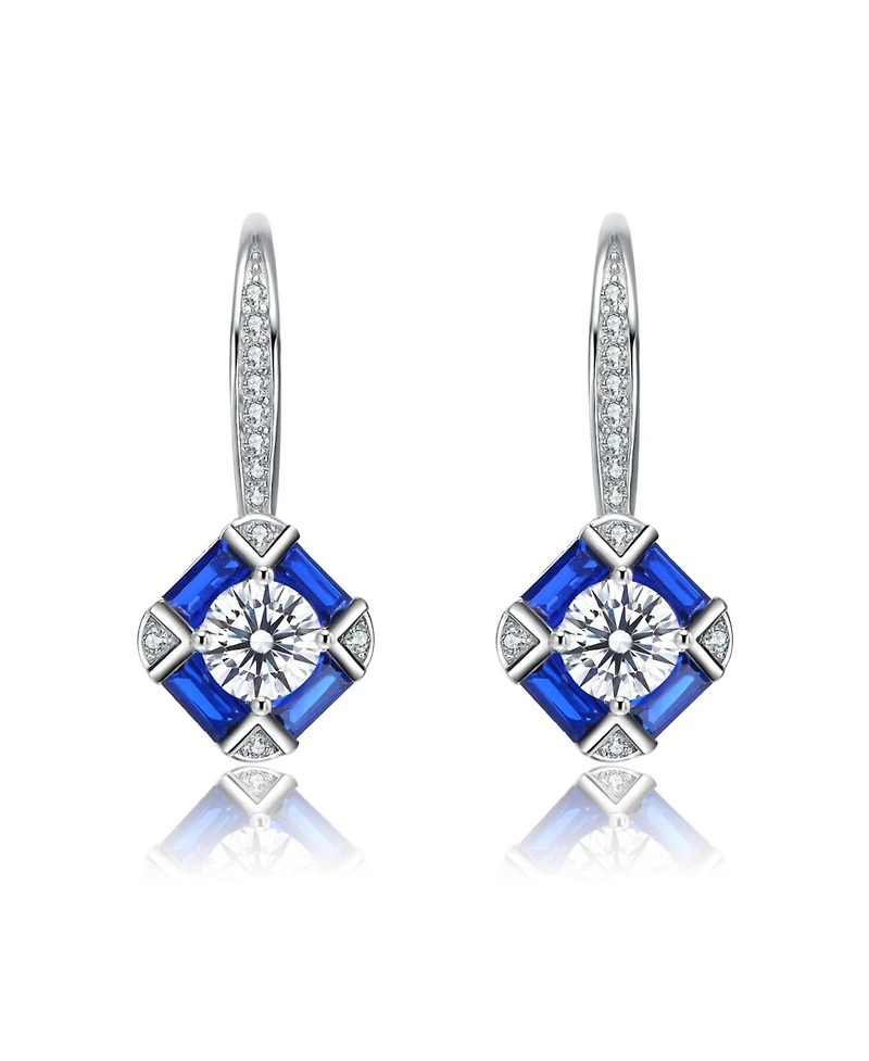 Genevive Sterling Silver White Gold Plated and Blue Cubic Zirconia Leverback Earrings
