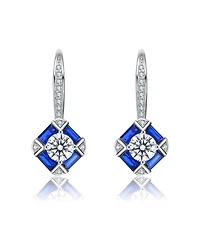 Genevive Sterling Silver White Gold Plated and Blue Cubic Zirconia Leverback Earrings