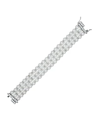 Sterling Silver White Gold Plated Cubic Zirconia 3 Row Pearl Bracelet