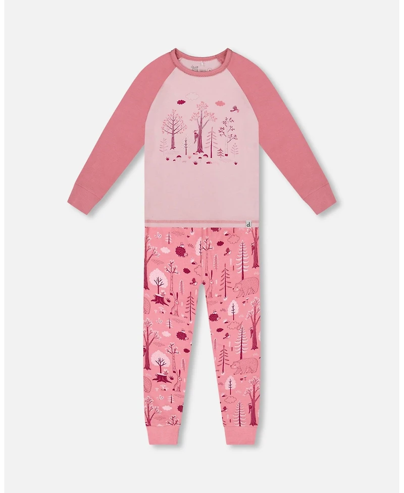 Deux par Girl Cotton Two-Piece Pajamas Pink Forest
