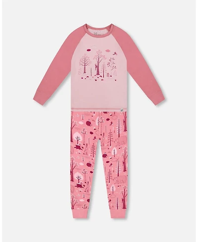 Deux par Girl Cotton Two-Piece Pajamas Pink Forest