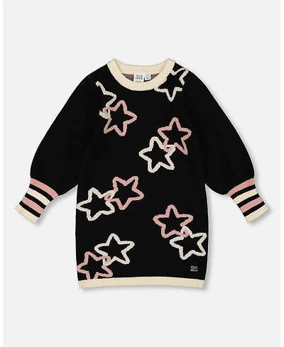 Deux par Girl Long Sleeve Knit Dress Black with Stars - Child