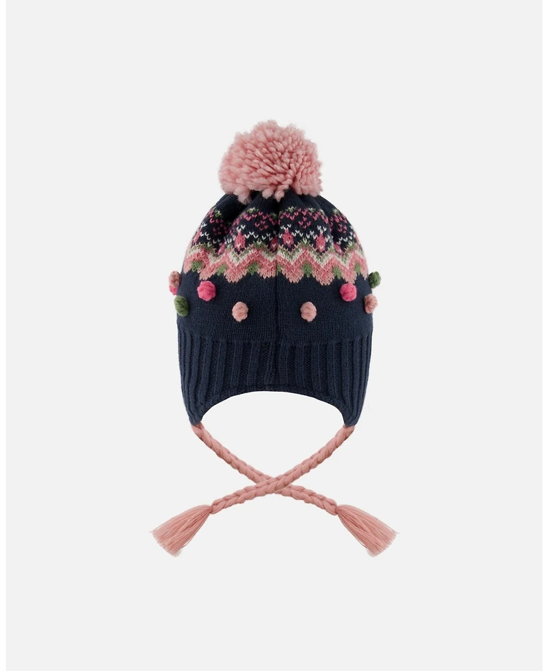 Deux par Girl Lined Peruvian Knit Pompom Hat Navy Blue and Pink - Toddler|Child