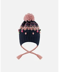 Deux par Girl Lined Peruvian Knit Pompom Hat Navy Blue and Pink - Toddler|Child