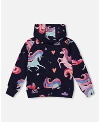 Deux par Girl Pullover Fleece Hoodie Navy Unicorn Print