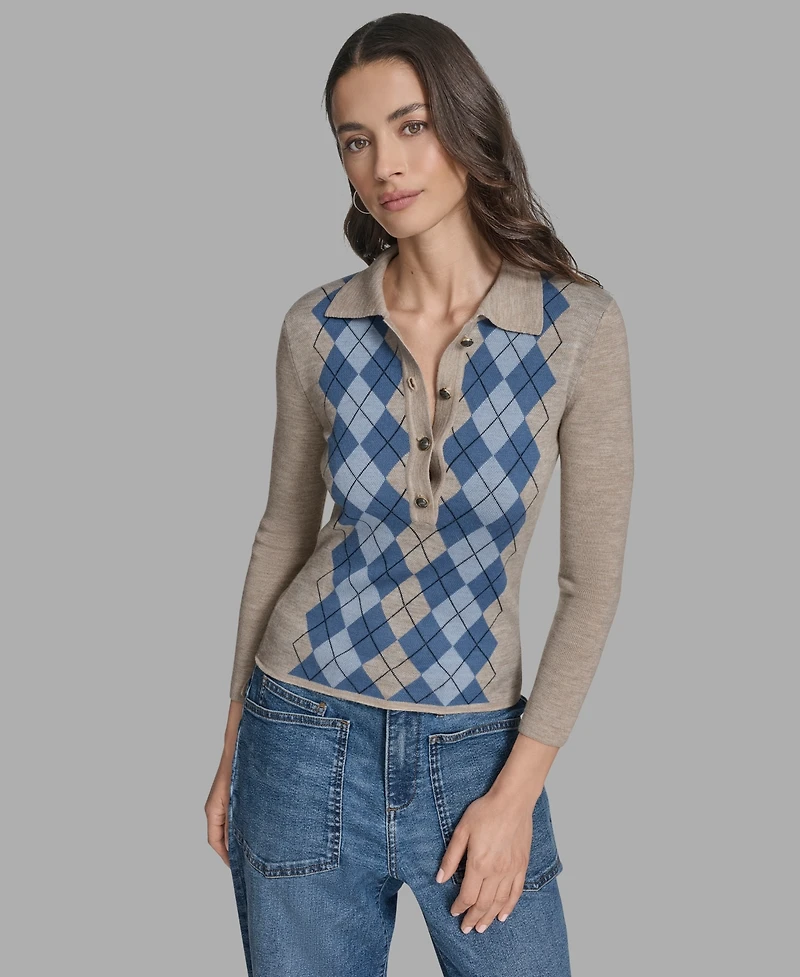 Bcbg Women's Long Sleeve Argyle Sweater