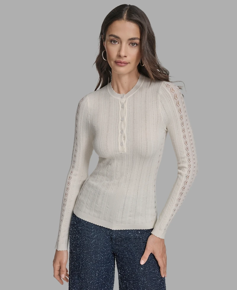 Bcbg Women's Long Sleeve Mix-Stitch Henley Neck Sweater