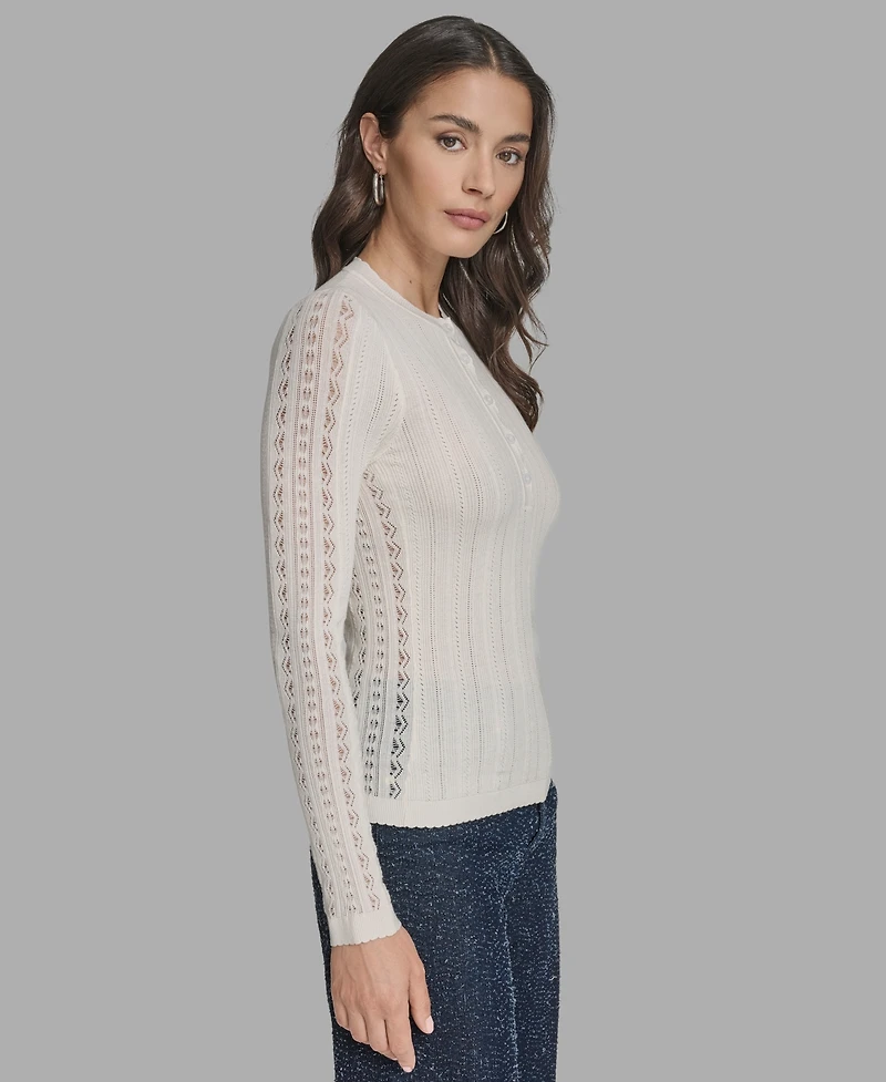 Bcbg Women's Long Sleeve Mix-Stitch Henley Neck Sweater