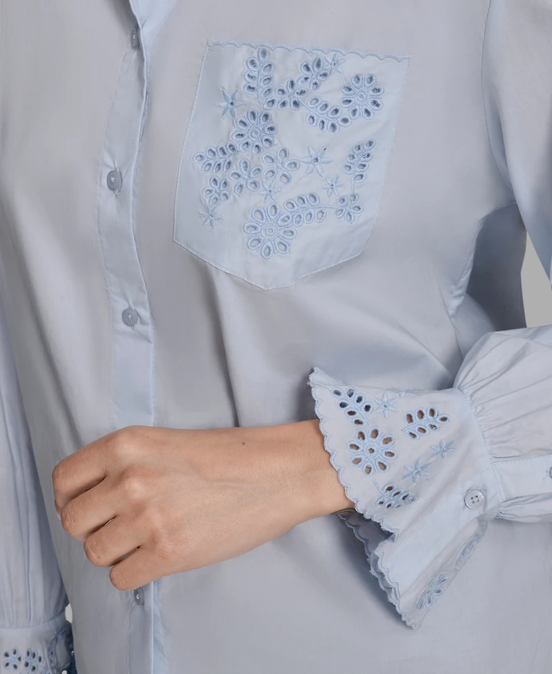 Bcbg Women's Long Sleeve Button-Up Embroidered Top