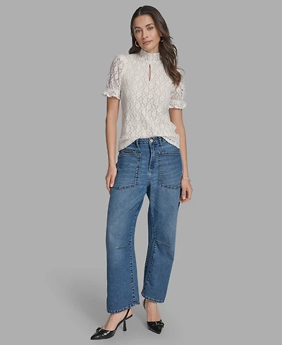 Bcbg Women's Short Sleeve Lace Ruffle Top