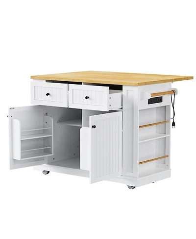 Casainc 48" Rolling Kitchen Island with Drop Leaf, Power Outlet, Internal Rack, 5 Side Racks, 5 Wheels (No Stools)