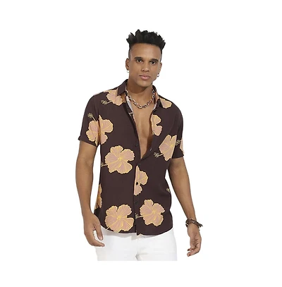 Campus Sutra Men's Brown Hibiscus Print Shirt