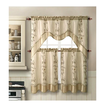GoodGram Daphne Embroidered Kitchen Curtain Set - 56 in. W x 36 in. L, Beige/Gold