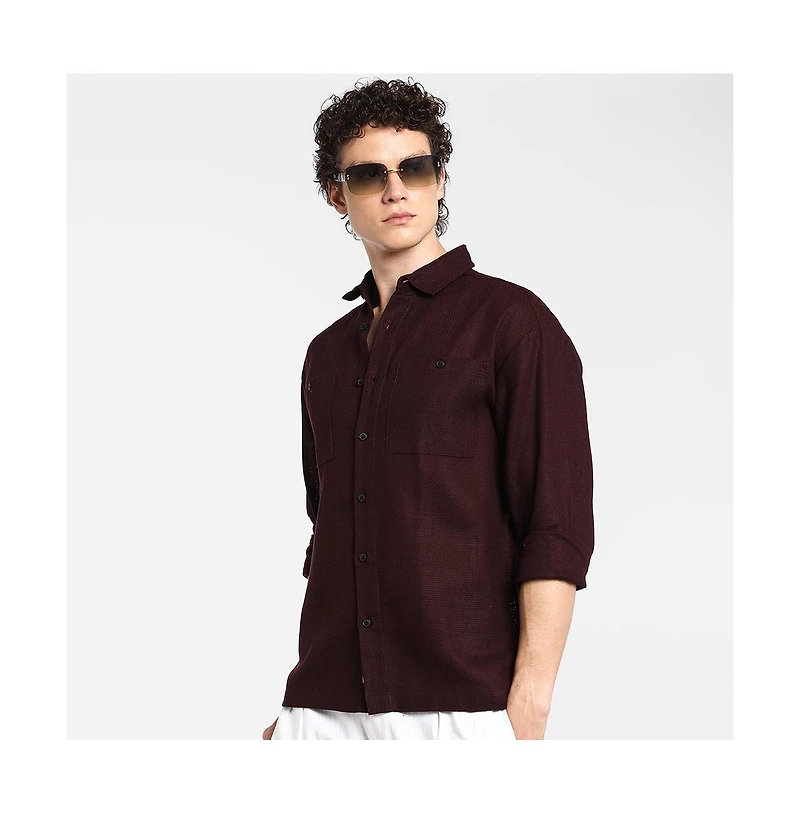 Campus Sutra Men's Burgundy Red Solid Utility Shirt