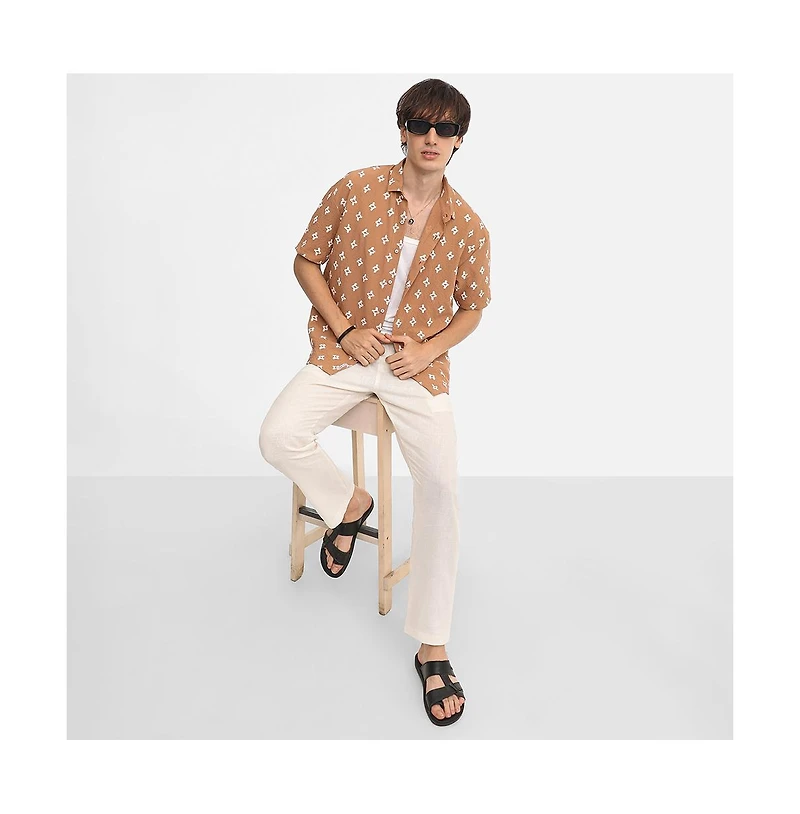 Campus Sutra Men's Tan Brown Floral-Tactile Oversized Shirt