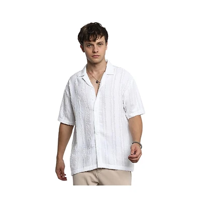 Campus Sutra Men's Chalk White Unhemmed Striped Oversized Shirt