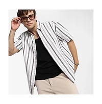 Campus Sutra Men's Ivory White & Burgundy Red Pencil-Striped Shirt