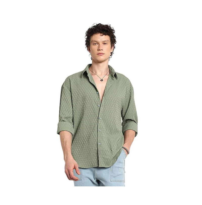 Campus Sutra Men's Fern Green Honeycomb-Textured Oversized Shirt