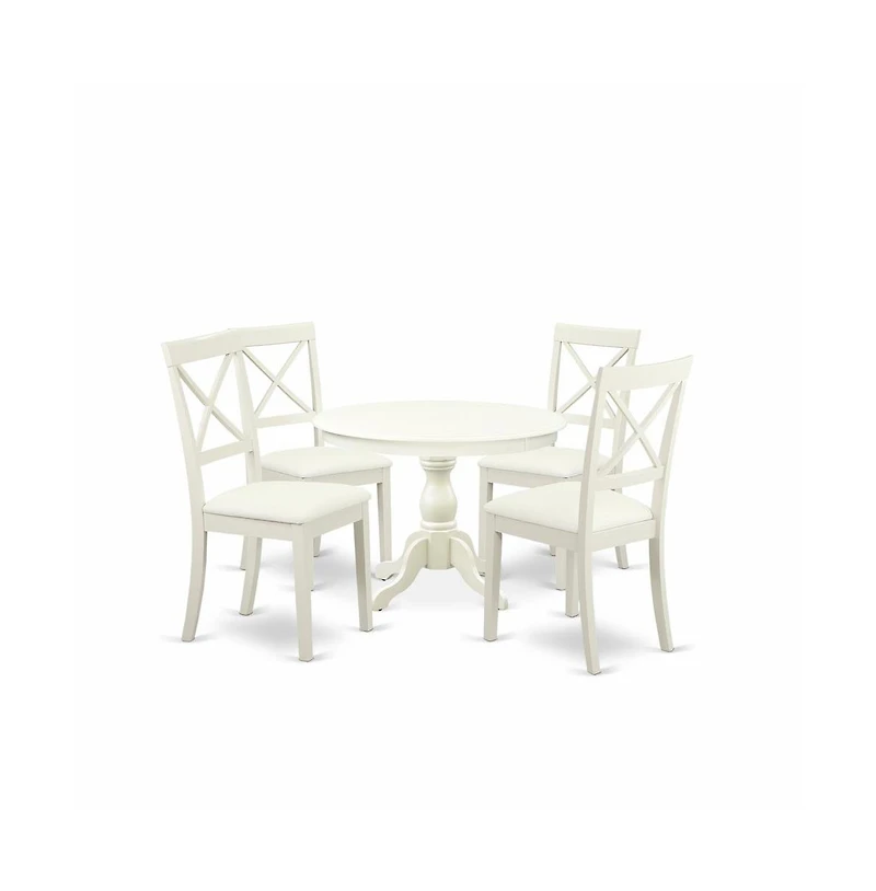 East West Furniture 5 Piece Kitchen Table Set - Linen White Wooden Table with 4 Linen White Faux Leather Mid Century Modern Chairs with X-Back