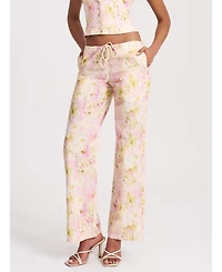 Miss Circle Women's Laureen Pink Floral Print Linen Straight Pants