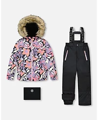Deux par Girl Two-Piece Play Snowsuit with Allover Print Jacket and Solid Pant Black