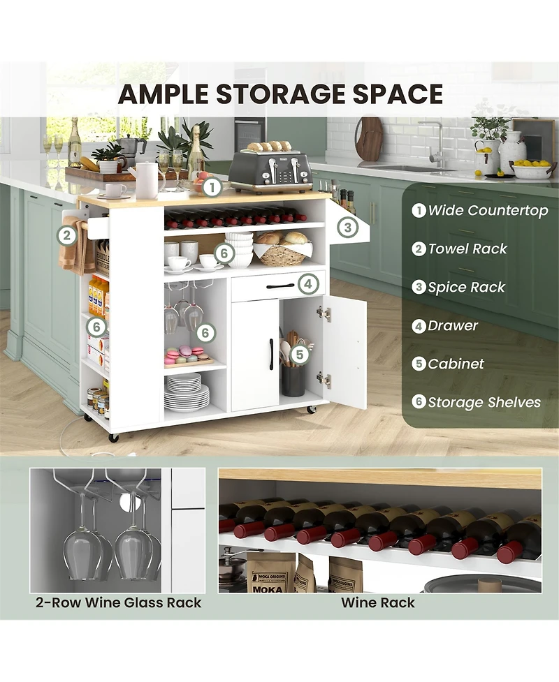 Gymax Drop-Leaf Kitchen Island Cart w/ Power Outlet Wine Rack Glass Holder Drawer