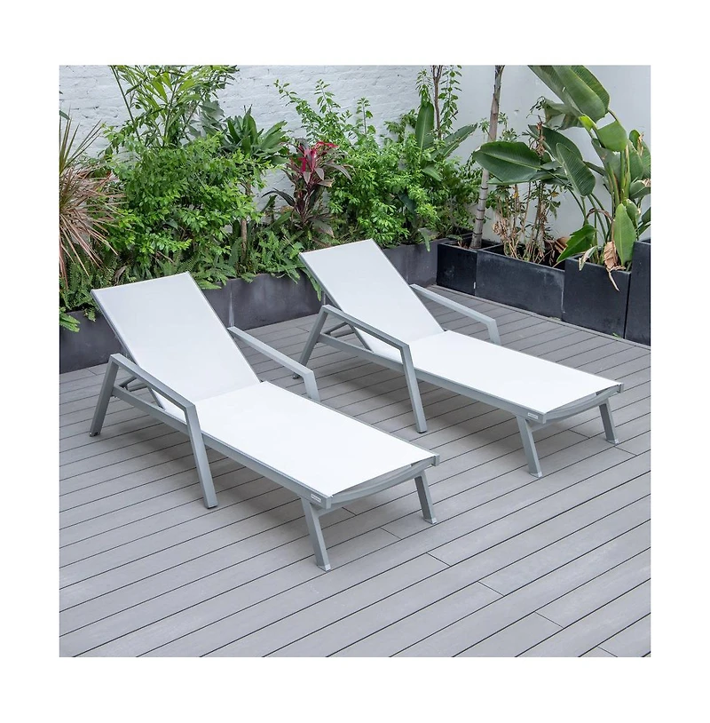 LeisureMod Marlin Patio Chaise Lounge Chair With Armrests in Grey Aluminum Frame