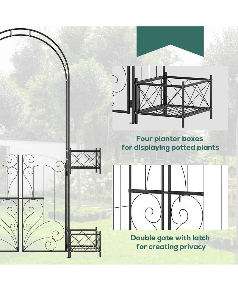 Outsunny Garden Gate Arbor Wedding Arch with Heart Doors Planters,