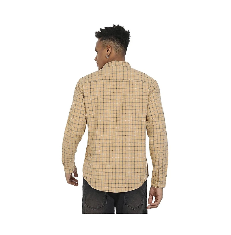Campus Sutra Men's Beige Contrast Tartan Plaid Shirt