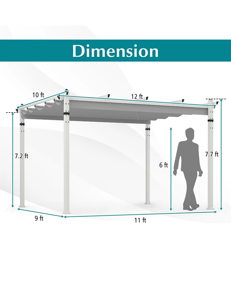 Gymax 12' x 10' Outdoor Pergola w/ Retractable Canopy Aluminum Frame Anchors Patio