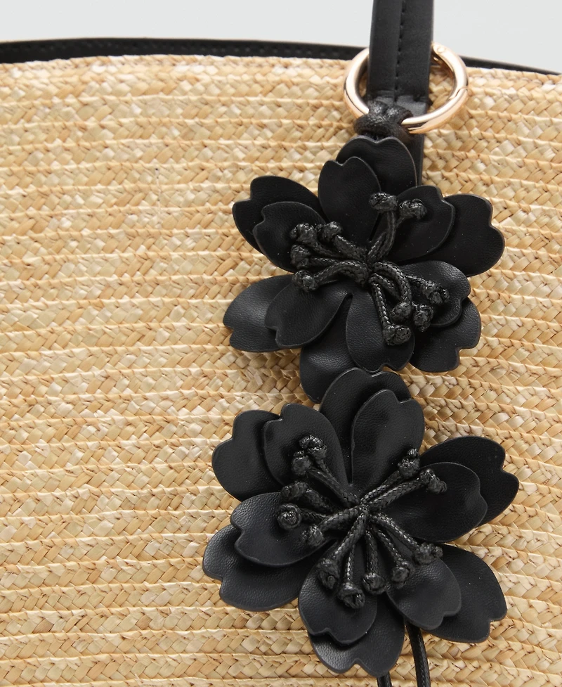 Mango Women's Flower Charm Natural Fiber Basket Bag