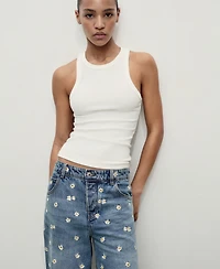 Mango Women's Flower-Embroidered Wide Leg Jeans