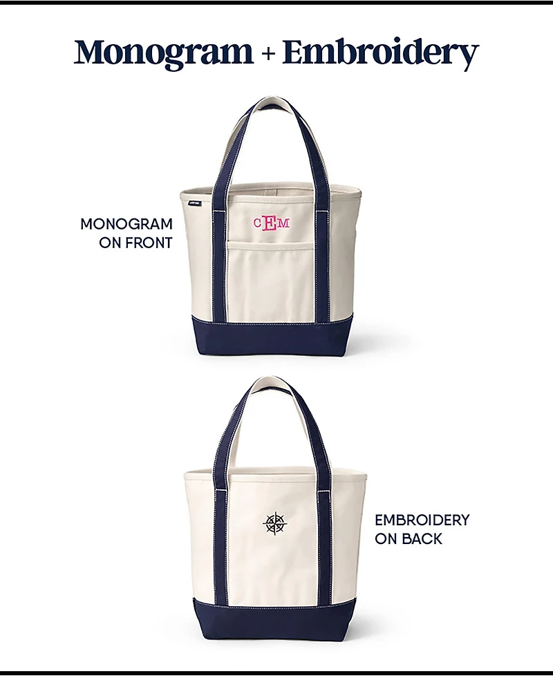 Lands' End Large Solid Color 5 Pocket Zip Top Long Handle Canvas Tote Bag