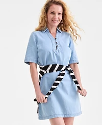 Style & Co Petite Cotton Short Sleeve Popover Denim Dress, Exclusively at Macy's
