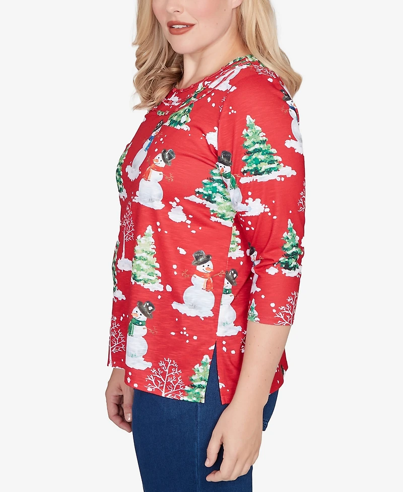 Alfred Dunner Women's Classic Snowmen Printed Crew Neck Top