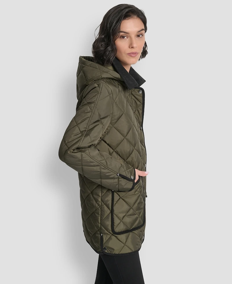Dkny Women's Corduroy Collar Hooded Quilted Coat