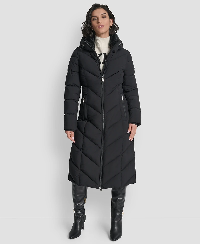 Dkny Women's Hooded Zip Front A-Line Maxi Puffer Coat